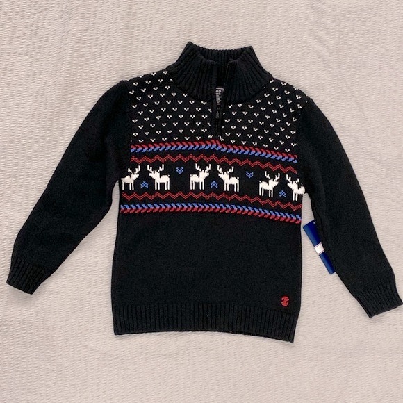 Izod Boys Sweater XS 4/5 Black 1/4 Zip Mock Neck Reindeer Fair Isle - Picture 2 of 11